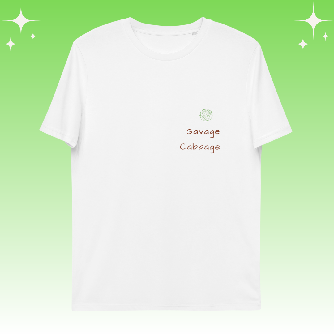 "Savage Cabbage" Dopamine Dressing Unisex fit t-shirt design white flat lay
