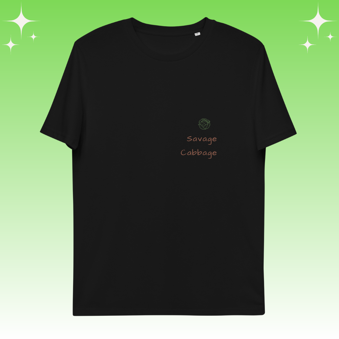 "Savage Cabbage" Dopamine Dressing Unisex fit t-shirt design black flat lay
