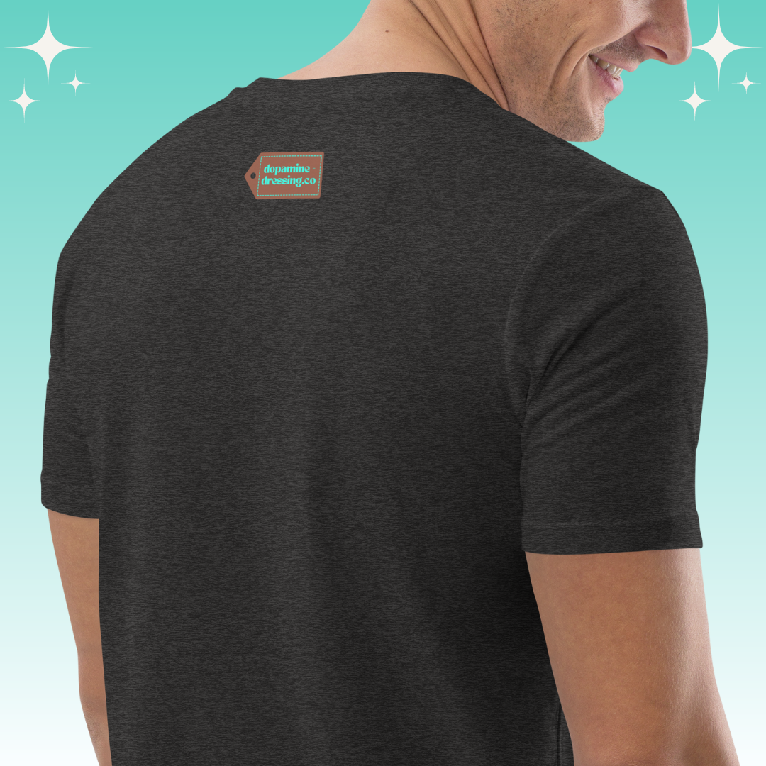 "Sun, Sea, Bag of Cans" Dopamine Dressing Unisex fit t-shirt design dark grey back logo