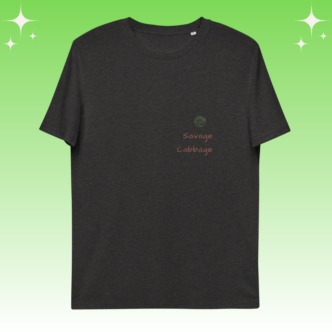"Savage Cabbage" Dopamine Dressing Unisex fit t-shirt design dark grey flat lay