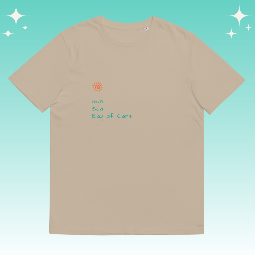 "Sun, Sea, Bag of Cans" Dopamine Dressing Unisex fit t-shirt design desert dust flat lay