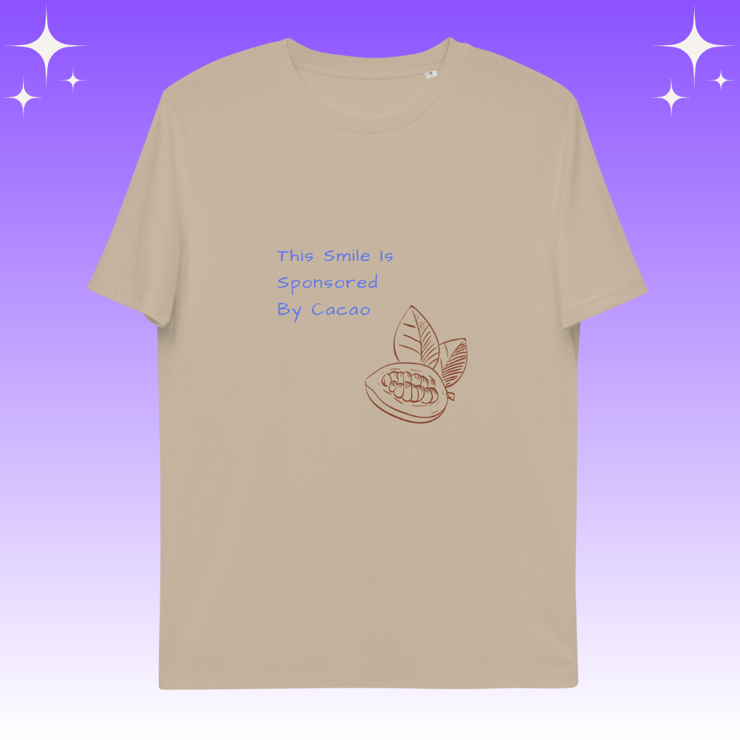 "This Smie is Sponsored by Cacao" Dopamine Dressing Unisex fit t-shirt design desert dust flat lay