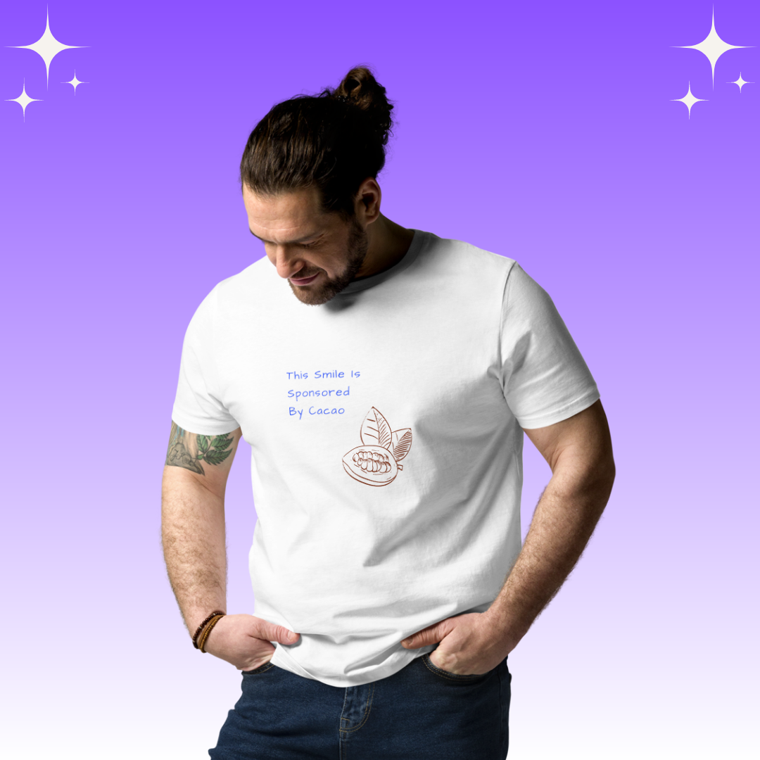 "This Smie is Sponsored by Cacao" Dopamine Dressing Unisex fit t-shirt design white