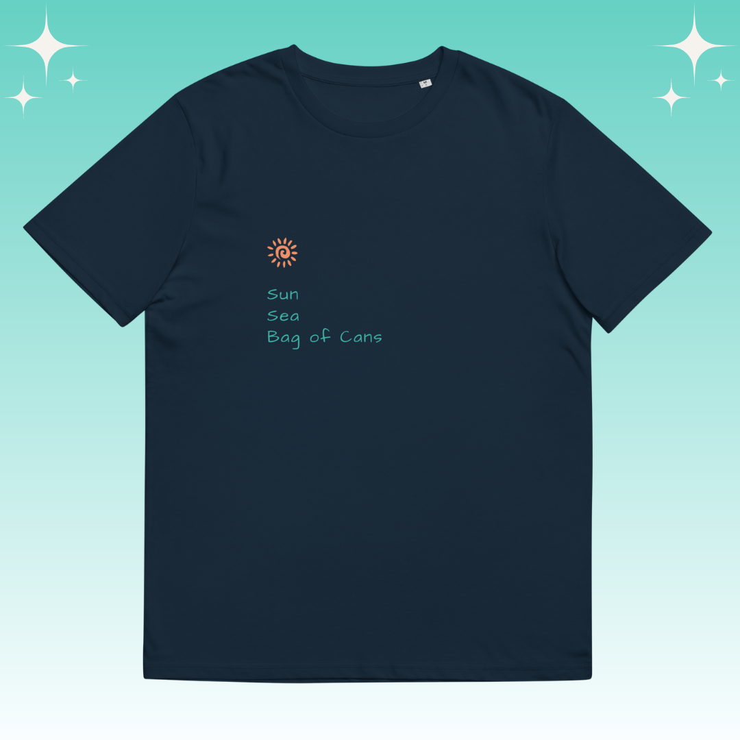 "Sun, Sea, Bag of Cans" Dopamine Dressing Unisex fit t-shirt design navy flat lay