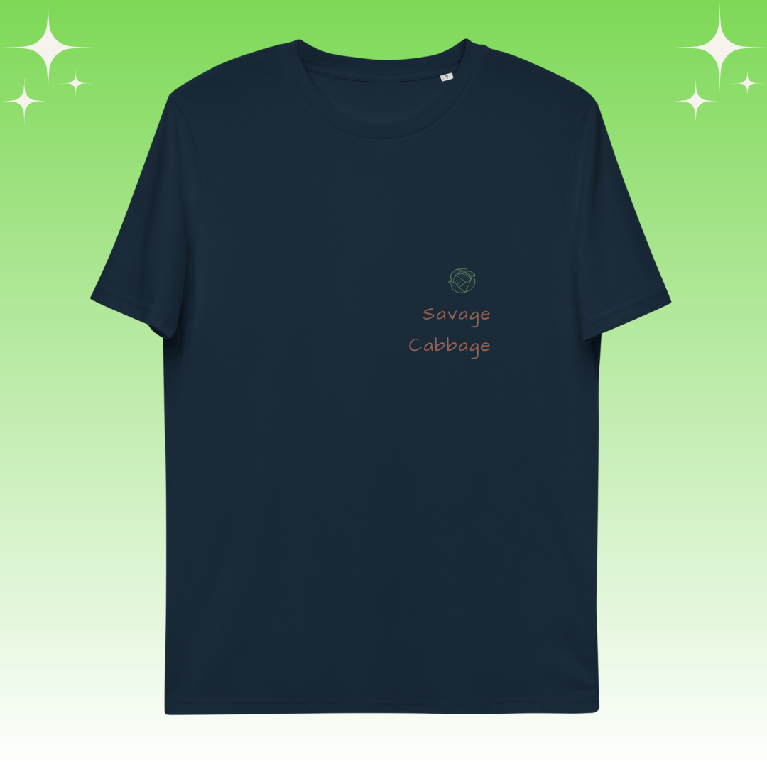 "Savage Cabbage" Dopamine Dressing Unisex fit t-shirt design navy flat lay