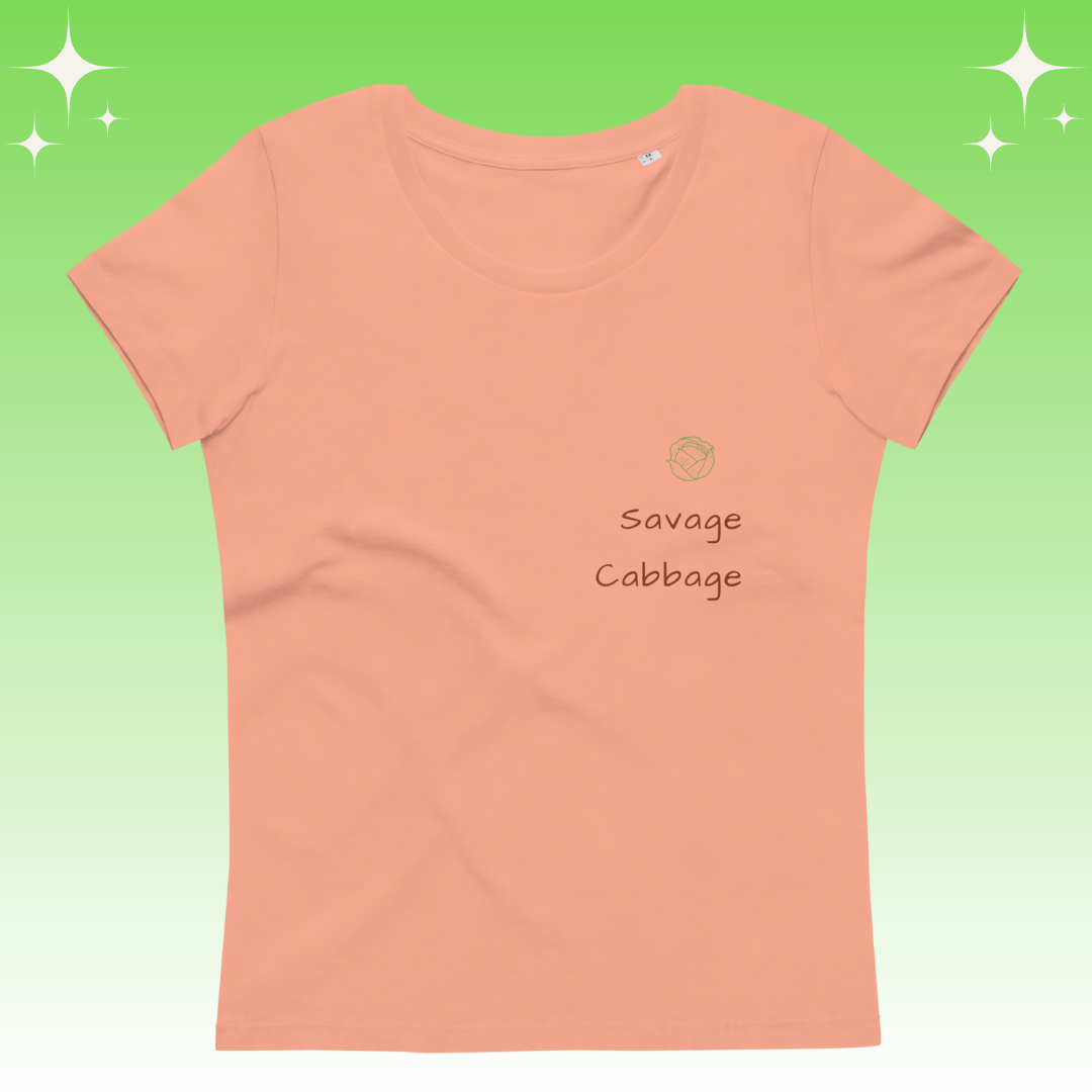 "Savage Cabbage" Dopamine Dressing Women's fit t-shirt design peach flat lay