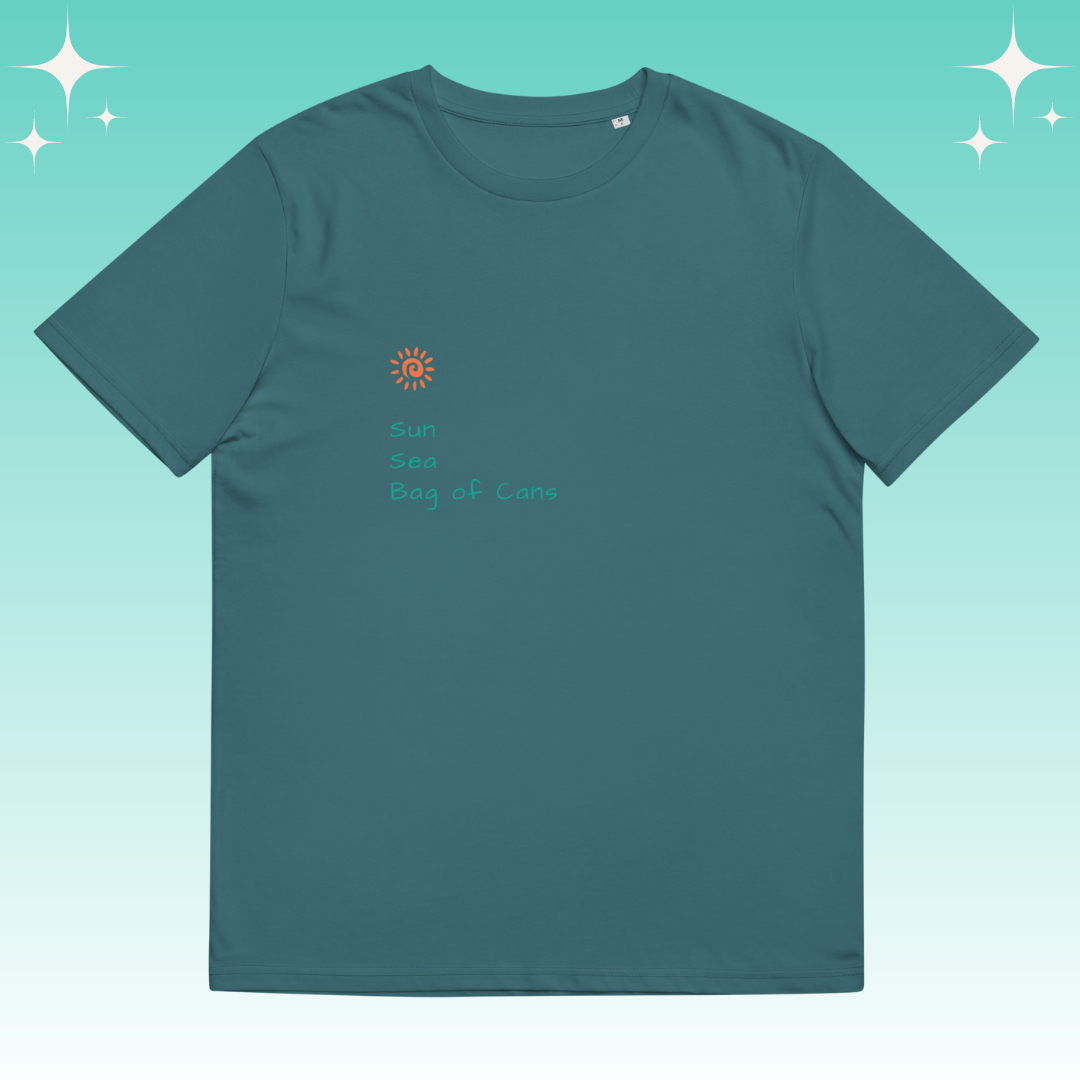 "Sun, Sea, Bag of Cans" Dopamine Dressing Unisex fit t-shirt design teal flat lay