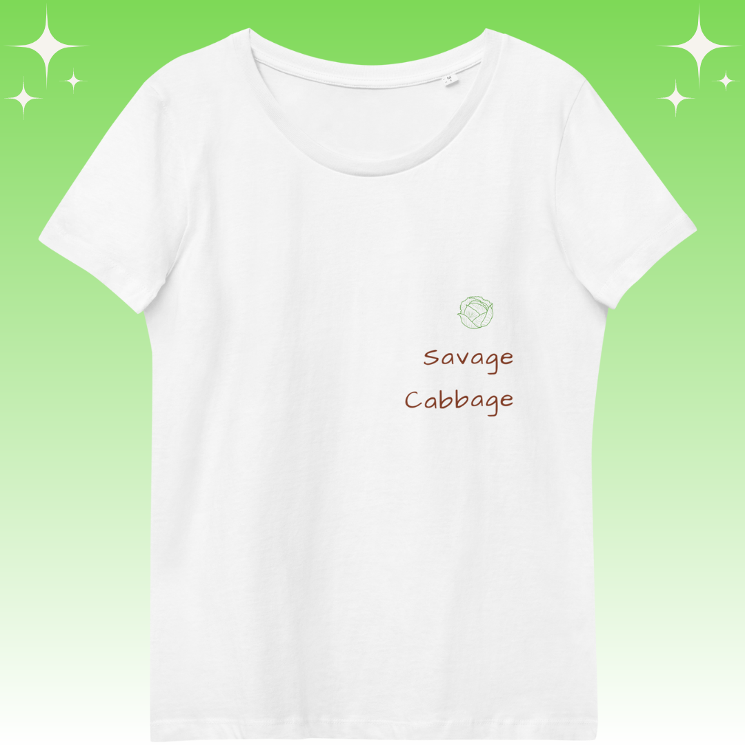 "Savage Cabbage" Dopamine Dressing Women's fit t-shirt design white flat lay