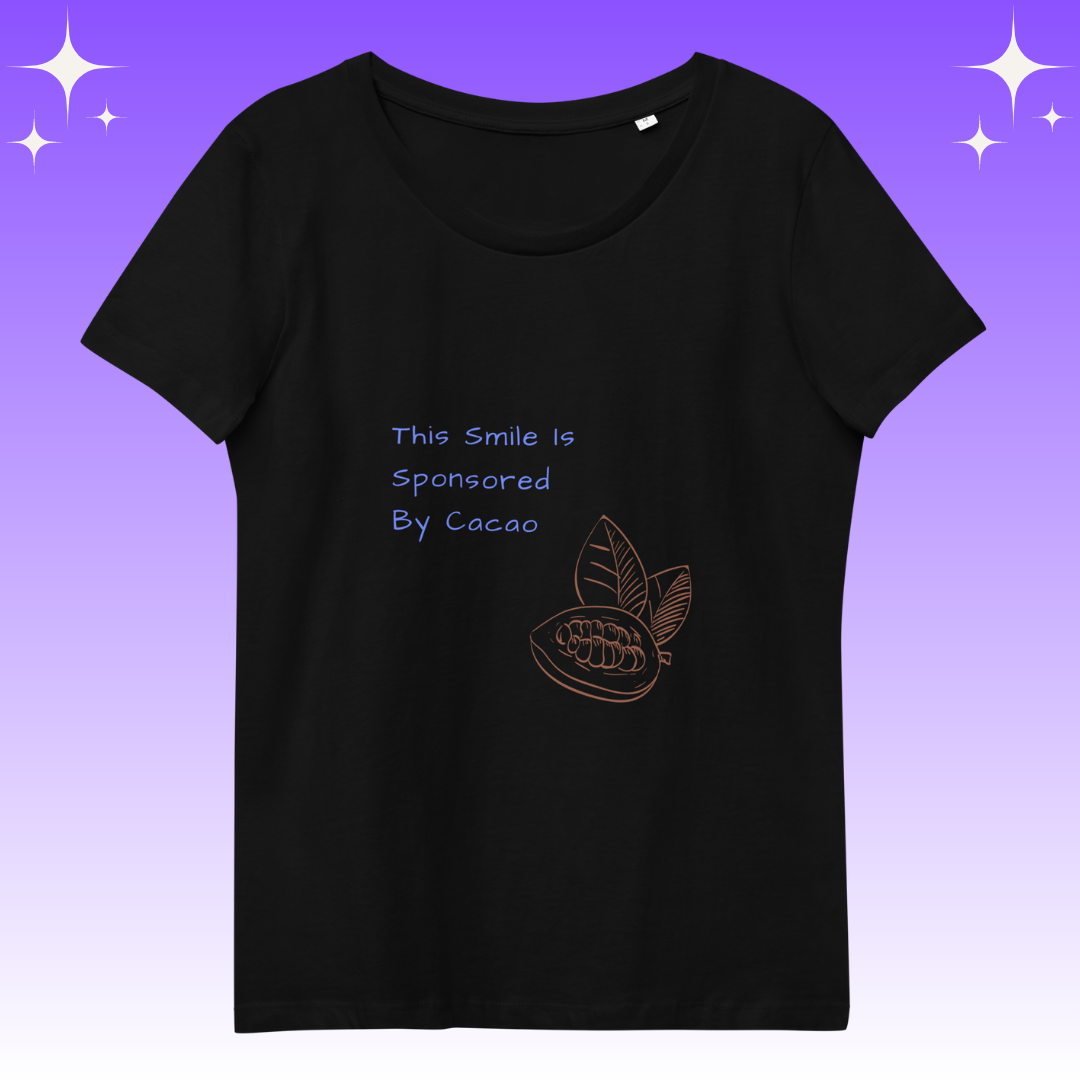 "This Smie is Sponsored by Cacao" Dopamine Dressing Women's fit t-shirt design black flat lay