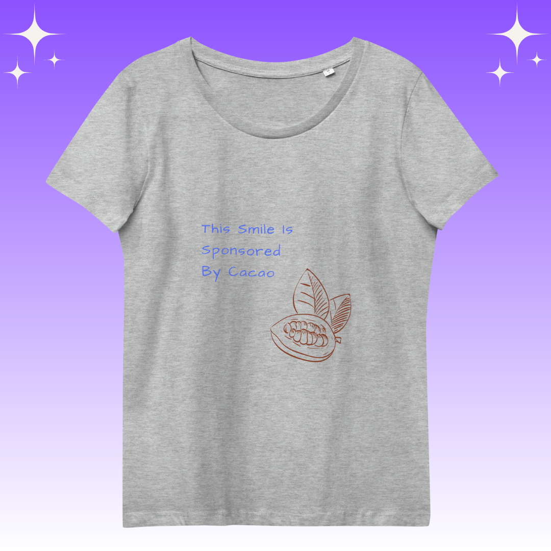 "This Smie is Sponsored by Cacao" Dopamine Dressing Women's fit t-shirt design light grey flat lay