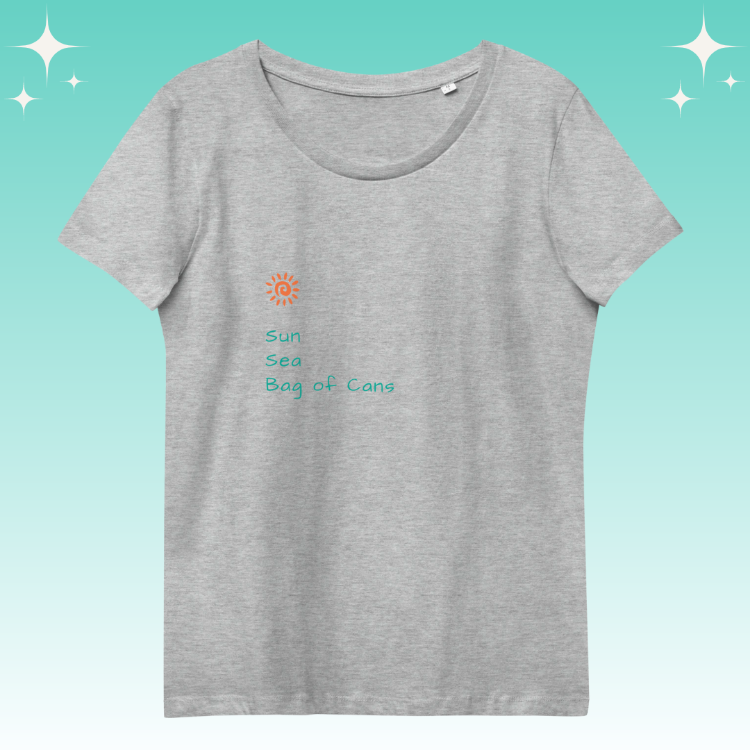 "Sun, Sea, Bag of Cans" Dopamine Dressing Women's fit t-shirt design light grey flat lay