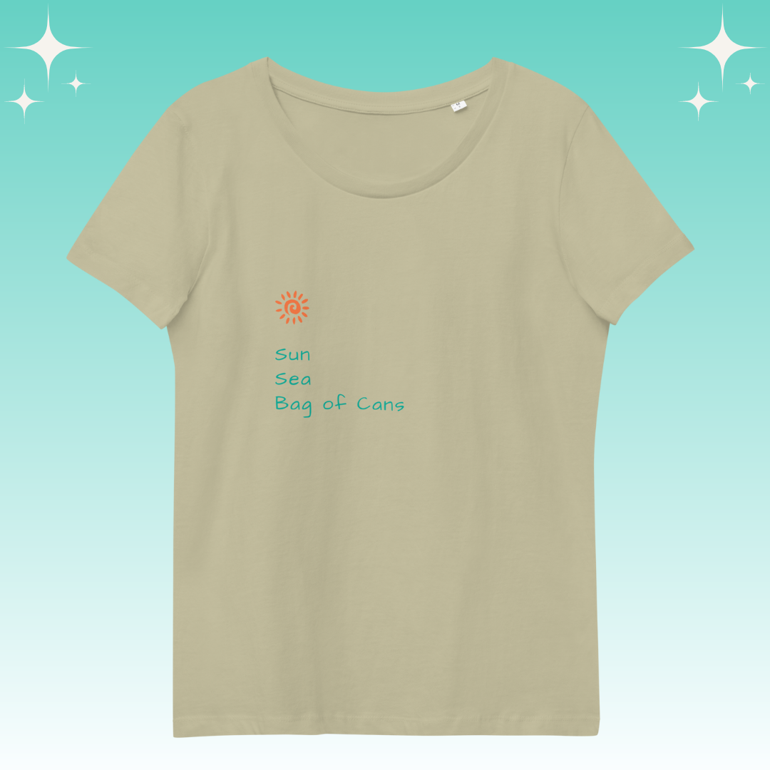 "Sun, Sea, Bag of Cans" Dopamine Dressing Women's fit t-shirt design sage flat lay
