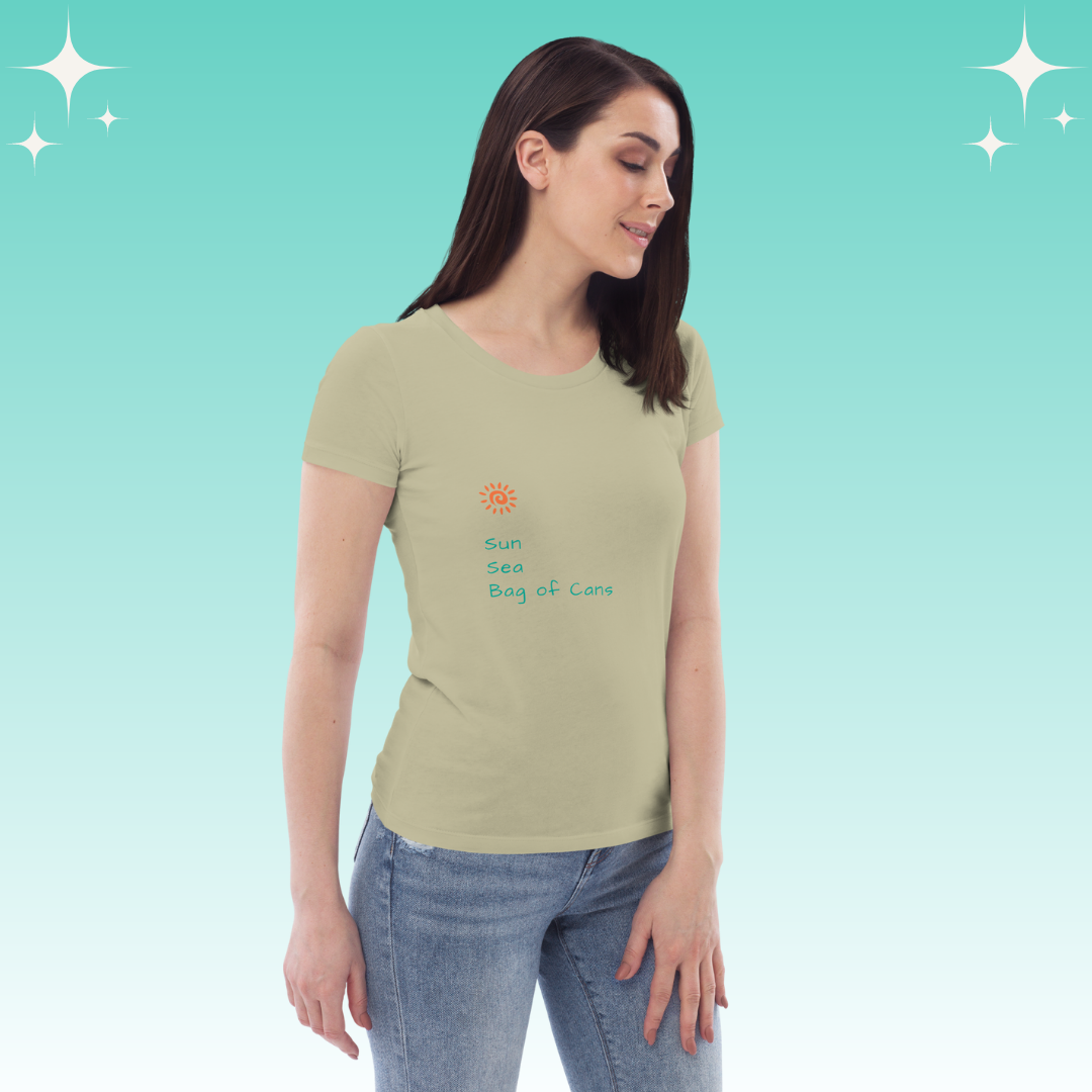 "Sun, Sea, Bag of Cans" Dopamine Dressing Women's fit t-shirt design sage