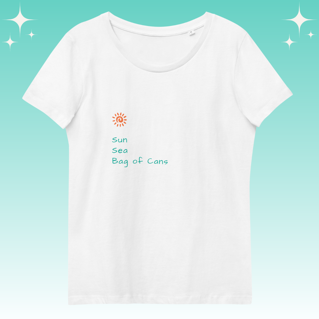 "Sun, Sea, Bag of Cans" Dopamine Dressing Women's fit t-shirt design white flat lay